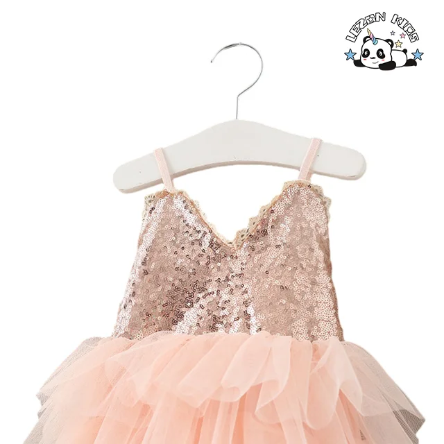LEZONKIDS - Customized Logo Girl's Halter Cute Style Lace Sequin Dress For Summer